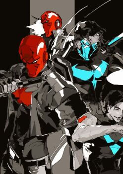 bat_signal batman_(series) batman_symbol black_bodysuit black_gloves black_hair bodysuit brothers brown_jacket dc_comics dick_grayson gloves grey_bodysuit guoba7777 jacket jason_todd male_focus mask multicolored_bodysuit multiple_boys muscular muscular_male nightwing open_clothes pants red_hood_(dc) red_mask short_hair siblings superhero_costume taut_bodysuit two-tone_bodysuit