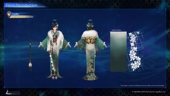 1girl a-pose absurdres black_hair bow commentary concept_art english_commentary final_fantasy final_fantasy_vii final_fantasy_vii:_ever_crisis full_body fur-trimmed_kimono fur_trim green_bow green_kimono hair_bow highres japanese_clothes kimono multiple_views official_alternate_costume official_art paintbrush reference_sheet solo turnaround yuffie_kisaragi yuffie_kisaragi_(heirloom_kimono)