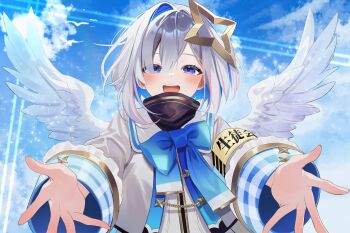 1girl :d aiguillette amane_kanata amane_kanata_(1st_costume) angel_wings armband black_skirt blue_bow blue_bowtie blue_hair blue_sky bow bowtie cloud colored_inner_hair commentary_request feathered_wings grey_hair hair_over_one_eye halo highres hololive jacket long_sleeves looking_at_viewer multicolored_hair open_mouth pink_hair purple_eyes sailor_collar single_hair_intake skirt sky sleeve_cuffs smile solo star_halo straight-on streaked_hair teeth tilted_halo turtleneck uekana9 upper_teeth_only virtual_youtuber white_jacket white_sailor_collar white_wings wide_sleeves wings