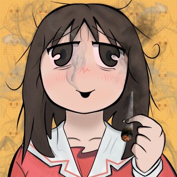 Rule 34 | 1girl, azumanga daioh's school uniform, azumanga daiou, bags under eyes, bloodshot eyes, blowing smoke, blush, brown eyes, brown hair, collarbone, commentary, doragon central, drugs, english commentary, halftone, halftone background, holding joint, joint (drug), kasuga ayumu, long hair, long sleeves, looking at viewer, marijuana, messy hair, mihama chiyo's father, open mouth, pink shirt, portrait, sailor collar, school uniform, serafuku, shirt, smile, smoking, solo, stoned, white background, white sailor collar, winter uniform, yellow background
