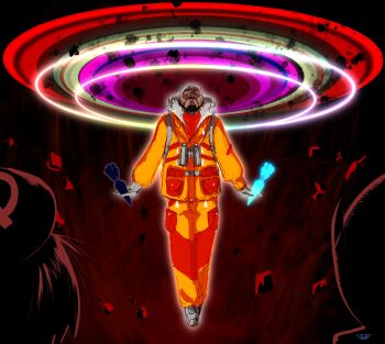 1boy 1girl 1other aura backpack bag beard bob_cut calyrex cosmo_(465lilia) dark_skin destruction epic evangelion:_3.0_you_can_(not)_redo expedition_uniform explosion facial_hair floating food gen_8_pokemon gloria_(pokemon) gloves halloween_costume halo hat highres holding holding_food holding_vegetable jacket legendary_pokemon looking_at_another mustache neon_genesis_evangelion nintendo orange_jacket orange_pants pants parody peony_(pokemon) pokemon pokemon_(creature) pokemon_swsh rebuild_of_evangelion ribbon shaded_face short_hair sky vegetable very_short_hair what