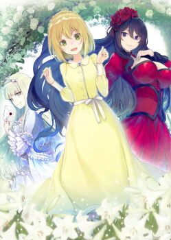 3girls black_hair blonde_hair blue_dress blue_hairband breasts closed_mouth commentary_request constance_grail dress eris_no_seihai flower flower_request frilled_sleeves frills green_eyes hair_flower hair_ornament hairband highres holding holding_letter large_breasts letter lily_orlamunde long_hair long_sleeves looking_at_viewer medium_hair multiple_girls official_art open_mouth purple_eyes red_flower red_rose rose scarlet_castiel smile very_long_hair white_flower yellow_dress yuunagi_(seventh_heaven)
