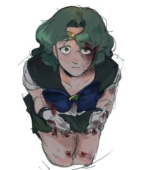 1girl bags_under_eyes bishoujo_senshi_sailor_moon blood blood_on_face blood_on_hands blue_bow blue_bowtie bow bowtie brooch bruise bruise_on_face bruised_eye choker collarbone gem gloves green_eyes green_gemstone green_hair highres injury jewelry kaiou_michiru long_hair looking_at_viewer magical_girl mercuri0ff messy_hair parted_hair sailor_collar sailor_neptune sailor_senshi_uniform short_hair skirt solo wavy_hair white_gloves