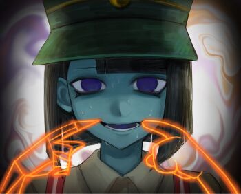 1girl black_hair blue_eyes blue_skin blunt_bangs blunt_ends bob_cut colored_skin commentary ena:_dream_bbq ena_(dream_bbq) ena_(series) ena_(species) green_hat hangover_ena hat highres looking_at_viewer lower_teeth_only open_mouth shirt smile solo sweat symbol-only_commentary teeth upper_body usagimarumei