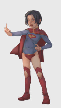 1girl aged_down black_hair boots brown_eyes cape cuess dc_comics dc_extended_universe female_focus flat_chest insult loli long_sleeves middle_finger open_mouth red_boots red_cape short_hair simple_background solo standing supergirl superhero_costume superman_(series) superman_logo tagme the_flash_(movie) thighhighs thighs white_background