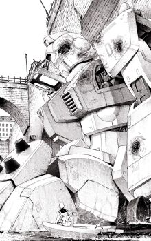 2boys assault_visor boat bullet_hole commentary_request damaged earth_federation from_side greyscale ground_gm gundam gundam_08th_ms_team helmet highres mecha mecha_focus mecha_pilot_suit mobile_suit monochrome multiple_boys normal_suit_(gundam) open_cockpit outdoors pilot_helmet robot science_fiction takagi_shuei water watercraft