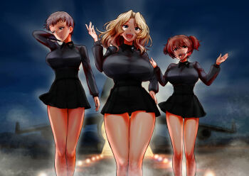 absurdres aircraft airplane alisa_(girls_und_panzer) blonde_hair blue_eyes blush breasts brown_eyes brown_hair freckles girls_und_panzer hand_on_own_hip highres kay_(girls_und_panzer) kuromorimine_school_uniform large_breasts long_hair miniskirt nabeyu naomi_(girls_und_panzer) open_mouth outdoors school_uniform short_hair skirt sky smile tongue tongue_out twintails