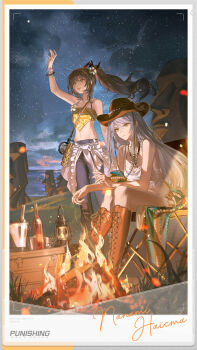 2girls absurdres arm_up bag black_boots blue_pants boots bracelet brown_hat bucket camisole campfire chair character_name clothes_around_waist commentary copyright_name cowboy_hat crop_top cup denim drinking_glass english_commentary flashlight flower flower_on_head frilled_shirt frills glass_bottle grass grey_hair haicma_(pgr) hair_between_eyes hat highres jeans jewelry lace-up_boots lamp long_hair looking_up moai multiple_girls nanami:_startrail_(pgr) nanami_(pgr) navel necklace night night_sky official_art open_mouth outdoors pants polaroid_photo ponytail punishing:_gray_raven shirt shirt_around_waist shorts shoulder_bag sitting sky smile standing stomach torn_clothes torn_pants viewfinder white_camisole white_flower white_hair white_shirt white_shorts yellow_bag yellow_eyes