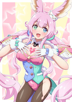 1girl animal_ears aqua_vest between_breasts blue_eyes breasts clothing_cutout collar ear_ornament fur-trimmed_gloves fur_trim gem glove_bow gloves green_eyes green_vest groin hair_flaps hair_ornament hair_scrunchie heterochromia highres hip_vent kururu_(princess_connect!) large_breasts leotard looking_at_viewer low_twintails open_mouth pink_hair pink_leotard princess_connect! rabbit_ears rabbit_girl rabbit_tail red_gemstone scrunchie sidelocks solo tail twintails two-tone_vest vest white_collar white_gloves white_tail yosuzu