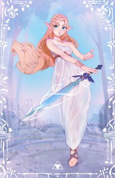 1girl absurdres artist_name bare_shoulders blonde_hair blue_eyes braid breasts crown_braid dress full_body gladiator_sandals gold_necklace hart_led highres holding holding_sword holding_weapon jewelry long_dress long_hair master_sword medium_breasts necklace nintendo parted_bangs pointy_ears princess_zelda sandals solo strapless strapless_dress sword the_legend_of_zelda the_legend_of_zelda:_breath_of_the_wild weapon white_dress