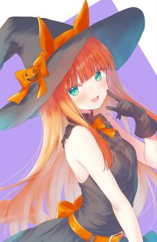 1girl absurdres animal_ears bare_shoulders blunt_bangs blush bow ear_bow ear_covers green_eyes hair_ornament hat highres hime_cut horse_ears horse_girl horse_tail long_hair looking_at_viewer orange_hair orange_tail sasaminiku_(chickenbstrips) shirt silence_suzuka_(umamusume) skirt smile solo tail umamusume witch_hat