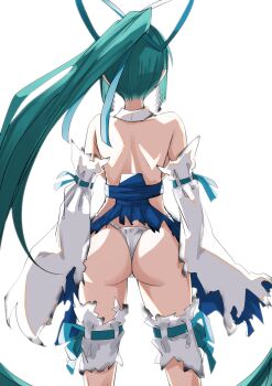 1girl aqua_hair ass bare_shoulders commentary_request detached_sleeves earrings from_behind fundoshi high_ponytail highres japanese_clothes jewelry long_hair magia_azure magia_azure_(la_verita) mahou_shoujo_ni_akogarete minakami_sayo panties ponponpain65536 ponytail shoulder_blades sidelocks solo thigh_gap torn torn_clothes underwear upper_body very_long_hair white_panties