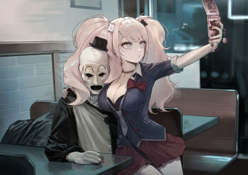 1boy 1girl absurdres art_the_clown blue_shirt bra breasts cellphone cleavage clown commentary danganronpa:_trigger_happy_havoc danganronpa_(series) dated_commentary east-west_crossover enoshima_junko flip_phone grey_eyes highres holding holding_phone k_hottok long_hair phone selfie serious shirt sitting sitting_on_lap sitting_on_person skirt terrifier_(movie) twintails underwear white_hair