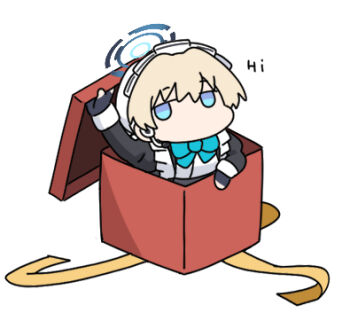 1girl apron arm_up black_dress black_gloves blonde_hair blue_archive blue_bow blue_eyes bow box bun_cover chibi commentary_request dress english_text fingerless_gloves frilled_apron frills gift gift_box gloves hair_bun halo in_box in_container juliet_sleeves long_sleeves lowres maid maid_headdress mini_person minigirl nyaru_(nyaru_4126) puffy_sleeves simple_background solo toki_(blue_archive) white_apron white_background