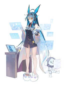 1girl absurdres ahoge airi_kanna aqua_hair ayatsuno_yuni black_hairband black_shirt blue_hair breasts closed_mouth collared_shirt colored_inner_hair commentary_request desk firehippo full_body gangzi_(vtuber) hair_between_eyes hairband hands_up headset highres holographic_interface id_card jacket jacket_partially_removed korean_commentary large_breasts long_hair multicolored_hair no_pants shirt simple_background sleeveless sleeveless_shirt slippers solo stellive very_long_hair virtual_youtuber white_background white_jacket white_sleeves wing_collar yellow_eyes