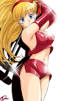 1girl absurdres arms_up artist_name bare_shoulders blonde_hair blue_eyes breasts cleavage commentary_request cowboy_shot crop_top elbow_gloves gateball gb_bomber gloves hairband highres holding holding_mallet long_hair looking_down mallet masaaki_endo medium_breasts midriff navel ochi_aisuko ponytail red_gloves red_hairband red_shirt red_shorts revealing_clothes shiny_clothes shirt short_shorts shorts side_slit simple_background sleeveless sleeveless_shirt solo standing thighs very_long_hair white_background