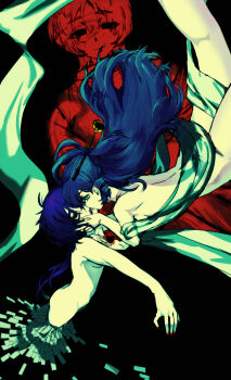 3girls absurdres black_background blue_eyes blue_hair blue_nails commentary_request drill_hair drill_sidelocks dual_persona empty_eyes feet_out_of_frame fingernails floating hagoromo hair_ornament hair_rings hair_stick hands_on_own_cheeks hands_on_own_face heart highres jiangshi kaku_seiga long_hair looking_at_another miyako_yoshika miyako_yoshika_(living) multiple_girls naked_shawl nude ofuda outstretched_arms purple_hair red_eyes red_nails shawl shinkaineko115 sidelocks simple_background touhou yuri zombie_pose