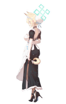 02milos02 1girl absurdres animal_ears apron ass black_dress black_shoes black_thighhighs blonde_hair blue_archive blue_eyes blue_halo blush breasts bun_cover clenched_teeth commentary_request covered_erect_nipples dog_ears dog_girl dress duster elbow_gloves gloves hair_bun halo high_heels highres holding holding_duster kanna_(blue_archive) large_breasts maid maid_apron maid_headdress sharp_teeth shoes short_sleeves solo teeth thighhighs white_gloves