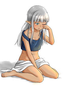 1girl absurdres bare_shoulders barefoot between_legs blue_eyes blue_tank_top blunt_bangs blush breasts collarbone crop_top dark-skinned_female dark_elf dark_skin drooling elf full_body grey_hair hand_between_legs hand_on_own_cheek hand_on_own_face highres karla_(kono_healer_mendokusai) kono_healer_mendokusai long_hair midriff official_art one_eye_closed open_mouth pointy_ears saliva simple_background sitting small_breasts solo stomach strap_slip tank_top tannen_ni_hakkou waking_up wariza white_background white_blanket