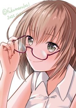 1girl alternate_costume bang_dream! brown_hair fukumaru1021 glasses green_eyes highres holding holding_removed_eyewear long_sleeves looking_at_viewer shirt short_hair simple_background smile solo twitter_username unworn_eyewear upper_body white_background white_shirt yamato_maya