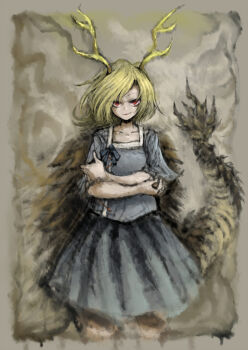 1girl 2b-ge antlers blonde_hair blue_shirt dragon_girl dragon_horns dragon_tail fur-tipped_tail green_scales green_tail highres horns kicchou_yachie looking_at_viewer monster_girl red_eyes scales shirt short_hair skirt smile solo square_neckline tail touhou turtle_shell yellow_horns