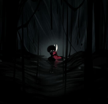 Rule 34 | 2girls, absurdres, arthropod girl, black skin, blank eyes, boopie, cloak, colored skin, commentary, english commentary, from behind, highres, hollow knight, hollow knight: silksong, hornet (hollow knight), hug, lace (hollow knight), lost lace, multiple girls, red cloak, sitting, spoilers, tentacles, white eyes, white mask