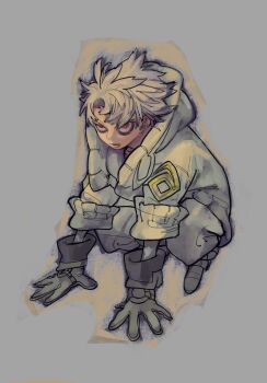 Rule 34 | 1boy, baggy pants, bags under eyes, gachiakuta, gloves, grey hair, highres, official art, pants, red eyes, rudo surebrec, solo, urana kei