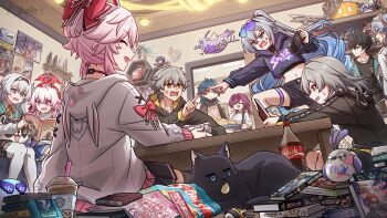 3boys 6+girls absurdres anger_vein astra_yao black_hairband black_hoodie black_shorts black_skirt black_thighhighs blade_(honkai:_star_rail) blue_skirt bronya_zaychik bronya_zaychik_(silverwing:_n-ex) caelus_(honkai:_star_rail) closed_eyes commentary cropped_hoodie cyrene_(demiurge)_(honkai:_star_rail) cyrene_(honkai:_star_rail) dan_heng_(honkai:_star_rail) eden_(honkai_impact) elysia_(herrscher_of_human:_ego)_(honkai_impact) elysia_(honkai_impact) english_commentary evanescia_(honkai:_star_rail) eyewear_on_head feixiao_(honkai:_star_rail) firefly_(honkai:_star_rail) furina_(genshin_impact) genshin_impact grey_hair hairband highres honkai:_nexus_anima honkai:_star_rail honkai_(series) honkai_impact_3rd hood hood_down hoodie indoors kafka_(honkai:_star_rail) kiana_kaslana kiana_kaslana_(ba-dum!_fiery_wishing_star) kiana_kaslana_(honkai:_nexus_anima) long_hair long_sleeves march_7th_(honkai:_star_rail) mhunter_45 midriff mihoyo multiple_boys multiple_girls navel open_mouth pink_hair pom-pom_(honkai:_star_rail) raiden_mei raiden_mei_(xentinel:_dawnbearing_crescent) raiden_shogun remielle_dan robin_(honkai:_star_rail) short_hair shorts silver_wolf_(honkai:_star_rail) silver_wolf_(lv.999)_(honkai:_star_rail) sitting skirt smile sparkle_(honkai:_star_rail) sparxie_(honkai:_star_rail) stelle_(honkai:_star_rail) sunday_(honkai:_star_rail) thighhighs trailblazer_(honkai:_star_rail) white_hoodie white_thighhighs zenless_zone_zero zhu_yuan