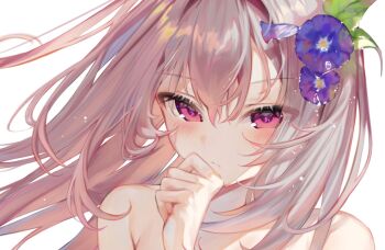 1girl aimi_(mimi_nii2) armpit_crease blush brown_hair bubble closed_mouth double-parted_bangs eyes_visible_through_hair flower hair_between_eyes hair_flower hair_ornament hand_on_own_chin hand_up highres leaf light_particles long_hair nude original pink_eyes portrait purple_flower simple_background solo straight_hair tsurime white_background wind