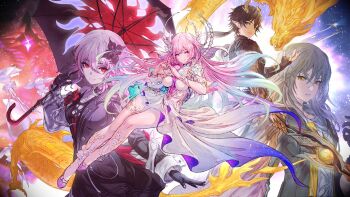 1boy 3girls aqua_hair black_coat black_dress black_gloves black_hair black_shirt breasts coat commentary cyrene_(honkai:_star_rail) cyrene_(ripples_of_past_reverie)_(honkai:_star_rail) dan_heng_(honkai:_star_rail) dan_heng_(permansor_terrae)_(honkai:_star_rail) diamond-shaped_pupils diamond_(shape) dragon_boy dragon_horns dress evernight_(honkai:_star_rail) gloves grey_hair halo heart heart_hands holding holding_umbrella honkai:_star_rail honkai_(series) horns large_breasts long_hair march_7th_(honkai:_star_rail) multicolored_hair multiple_girls pink_hair purple_eyes red_eyes shirt shukei stelle_(honkai:_star_rail) symbol-only_commentary symbol-shaped_pupils thighs trailblazer_(honkai:_star_rail) two-tone_hair umbrella very_long_hair white_dress