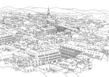 architecture building church commentary_request isu_(artist) lineart monochrome mountainous_horizon no_humans outdoors scenery spire tower town transparent_background