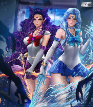Rule 34 | 2girls, armlet, armpits, arrow (projectile), beruche (sailor moon), bishoujo senshi sailor moon, bishoujo senshi sailor moon r, blue eyes, blue hair, blurry, blurry background, bow, bow (weapon), bracelet, braid, breasts, collar, collarbone, cone hair bun, cowboy shot, crystal sword, diadem, earrings, elbow gloves, fantasy, gloves, gluteal fold, hair bun, hair ears, highres, holding, holding weapon, indoors, javier estrada, jewelry, koan (sailor moon), long hair, looking at viewer, multiple girls, necklace, original, pleated skirt, purple eyes, purple hair, sailor collar, school uniform, serafuku, skirt, standing, sword, thighs, unofficial sailor senshi uniform, weapon, white gloves, window
