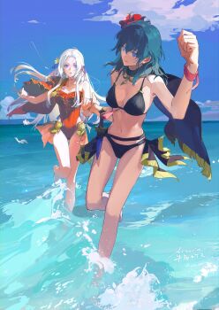2girls absurdres armpits artuvia bare_arms bare_legs bare_shoulders barefoot beach bikini black_bikini blue_hair blue_sky breasts cape cleavage collarbone commentary covered_navel dagger edelgard_von_hresvelg edelgard_von_hresvelg_(summer) female_byleth_(fire_emblem) female_byleth_(summer)_(fire_emblem) fire_emblem fire_emblem:_three_houses fire_emblem_heroes flower hair_flower hair_ornament hibiscus highres holding_hands knife large_breasts medium_breasts multiple_girls navel nintendo ocean official_alternate_costume one-piece_swimsuit outdoors purple_eyes red_one-piece_swimsuit running sky stomach swimsuit symbol-only_commentary thigh_gap water weapon white_hair yuri