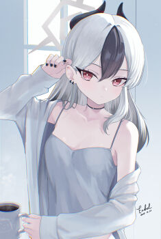 1girl alternate_costume alternate_hairstyle bare_shoulders black_choker black_hair black_horns black_nails blue_archive blush breasts bright_pupils camisole casual character_print choker closed_mouth coffee coffee_mug collarbone commentary_request cup dated demon_girl demon_horns doodle_sensei_(blue_archive) double-parted_bangs ear_piercing earrings encheru_(th-sto) eyelashes frown green_halo hair_behind_ear hair_over_shoulder halo hand_up highres holding holding_cup horns indoors jewelry kayoko_(blue_archive) long_hair mole mole_on_collarbone mug multicolored_hair nail_polish piercing print_cup red_eyes sensei_(blue_archive) sidelocks signature sleeves_past_wrists small_breasts solo steam straight_hair tsurime two-tone_hair upper_body white_camisole white_hair white_pupils