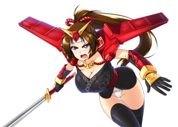 1girl blush breasts brown_hair butter-t cleavage female_focus gundam large_breasts long_hair mecha_musume musha_gundam open_mouth purple_eyes sd_gundam sd_sengokuden simple_background solo sword weapon white_background