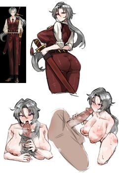 1boy 1girl absurdres ass belt blush breasts catnip_scent collarbone collared_shirt commentary erection hairjob hetero highres holding holding_sheath holding_sword holding_weapon kissing_penis large_breasts limbus_company long_hair looking_at_viewer looking_back lucio_(project_moon) necktie nipples open_mouth pants penis ponytail project_moon purple_eyes red_necktie red_vest sheath sheathed shirt simple_background slap_mark slap_mark_on_breast sleeves_rolled_up spanked standing steaming_body sweat sword symbol-only_commentary tassel teeth testicles tongue tongue_out upper_teeth_only veins veiny_penis vest weapon white_hair white_shirt