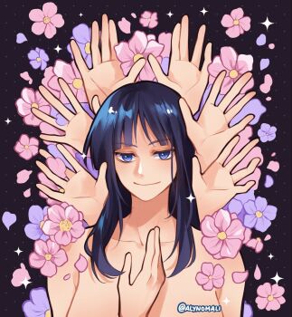 Rule 34 | 1girl, alynomali, black hair, blue eyes, blunt bangs, commentary, extra arms, flower, hashtag-only commentary, highres, long hair, nico robin, nude, one piece, pink flower, purple flower, solo, sparkle, twitter username, untranslatable commentary, upper body