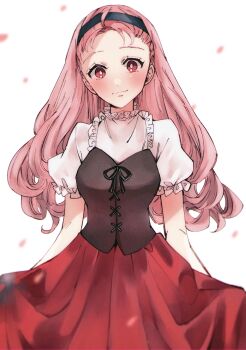 1girl absurdres black_hairband blush bokujou_monogatari bokujou_monogatari_2 commentary_request hairband highres long_hair looking_at_viewer petals pink_eyes pink_hair popuri_(bokujou_monogatari) puffy_short_sleeves puffy_sleeves red_skirt roji_(c2263r) short_sleeves simple_background skirt smile solo white_background