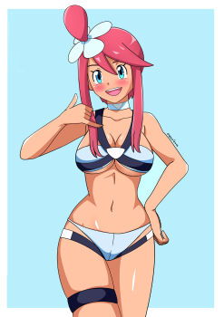 1girl :d absurdres alexkonakona bikini blue_background blue_bikini blue_eyes blush border breasts choker cleavage collarbone cowboy_shot dark-skinned_female dark_skin gesture hair_ornament hand_on_own_hip hand_up highres large_breasts looking_at_viewer navel nintendo one_side_up open_mouth pokemon pokemon_bw red_hair sidelocks skyla_(pokemon) smile solo stomach swimsuit thigh_strap white_border