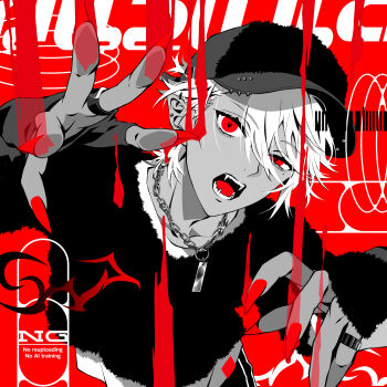 1boy akke_(akke299) barcode black_hat black_shirt chain chain_necklace collarbone cover dog_tags ear_piercing earrings english_text fake_cover fangs fingernails fur_shirt fur_trim graffiti hair_between_eyes hands_up hat highres jacket jewelry kuzuha_(nijisanji) long_sleeves looking_at_viewer male_focus melting mole mole_under_eye monochrome nail_polish necklace nijisanji open_mouth piercing pointy_ears red_background red_eyes red_nails red_theme ring sharp_fingernails shirt solo teeth tongue upper_body virtual_youtuber watermark white_hair