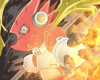 Rule 34 | absurdres, blue eyes, commentary request, cowboy shot, digimon, digimon (creature), dragon, fire, highres, scarf, shoutmon king ver., solo, ya yay, yellow scarf