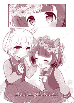 2girls ahoge animal_ears blush bow bowtie closed_eyes commentary_request ear_covers flower_wreath hairband happy_birthday head_wreath highres horse_ears horse_girl horse_tail long_sleeves monochrome multiple_girls nishino_flower_(umamusume) open_mouth pleated_skirt school_uniform seiun_sky_(umamusume) short_hair single_ear_cover sitting skirt smile tail tracen_school_uniform umamusume yakata_mana