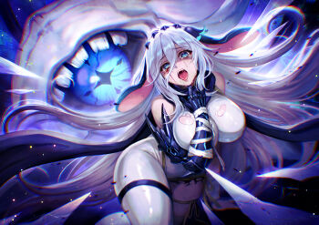 Rule 34 | 1girl, absurdres, animal ears, bandaged arm, bandages, bare shoulders, blue eyes, bodysuit, breasts, chaos zero nightmare, commentary request, crying, hand up, highres, large breasts, long hair, looking at viewer, monster, narja (chaos zero nightmare), open mouth, pale skin, saliva, sasaki ryou, skin tight, sleeveless, sleeveless bodysuit, teeth, thigh strap, torn clothes, underwater, white bodysuit, white hair