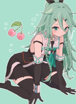 1girl all_fours black_gloves black_ribbon black_serafuku black_shirt black_skirt black_thighhighs braid cherry elbow_gloves food fruit gloves green_background green_eyes green_hair green_neckerchief hair_between_eyes hair_flaps hair_ornament hair_ribbon hairclip highres kantai_collection long_hair neckerchief pleated_skirt ponytail ribbon sailor_collar school_uniform serafuku shirt side_braids skirt sleeveless sleeveless_shirt solo thighhighs twin_braids white_sailor_collar wristband yamakaze_(kancolle) yamakaze_kai_ni_(kancolle) yori_(gogoyoripi)