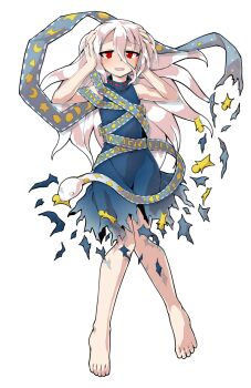 1girl alphes_(style) barefoot blue_dress blush commentary_request crescent dairi dress eye_of_providence fossilized_wonders full_body grey_hair hair_between_eyes hands_up large_variant_set long_hair long_hair_between_eyes parody play_button ribbon_around_body sleeveless sleeveless_dress snake solo star_(symbol) style_parody tachi-e torn_clothes torn_dress touhou triangle variant_set yuiman_asama