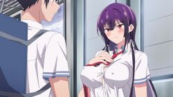 1girl 6+boys animated anime_screenshot bag black_hair bouncing_breasts breasts breasts_out button_gap buttons cleavage colored_inner_hair covered_erect_nipples grabbing_another&#039;s_breast gradient_hair groping hair_ribbon haite_kudasai_takamine-san hand_on_own_chest handbag highres large_breasts looking_at_breasts multicolored_hair multiple_boys necktie no_bra popped_button purple_hair red_eyes red_necktie ribbon school_uniform shirota_takashi shirt skirt sound tagme takamine_takane train train_interior two-tone_hair video wardrobe_malfunction white_ribbon white_shirt