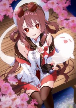 bare_shoulders between_legs boo_tao_(genshin_impact) brown_hair brown_thighhighs camera cherry_blossoms chinese_clothes commentary_request detached_sleeves eyewear_on_head flower-shaped_pupils genshin_impact ghost hair_between_eyes hand_between_legs hat highres holding holding_camera hu_tao_(cherries_snow-laden)_(genshin_impact) hu_tao_(genshin_impact) long_hair looking_at_viewer mandarin_collar nail_polish official_alternate_costume open_mouth orange_eyes red-tinted_eyewear red_nails saeki_pisuko sitting smile symbol-shaped_pupils thighhighs tinted_eyewear twintails very_long_hair white_hat yellow-framed_eyewear