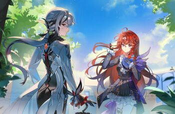 2girls absurdres ahoge arlecchino_(genshin_impact) artist_self-insert back black_gloves black_pants blue_dress blue_feathers blue_sky blurry closed_mouth cloud cloudy_sky collared_jacket commentary_request commission commissioner_insert couple depth_of_field dress feathers formal_clothes frilled_dress frilled_sleeves frills from_behind from_side genshin_impact gloves gradient_hair grey_jacket grey_suit hair_flowing_over hair_ornament hand_on_own_chest hands_up highres inaterayukiha jacket jewelry long_hair long_sleeves looking_at_viewer looking_to_the_side low_ponytail mixed-language_commentary multicolored_eyes multicolored_hair multiple_girls oc_x_canon open_mouth original outdoors pants ponytail red_hair red_pupils short_dress sky standing streaked_hair suit suit_jacket symbol-shaped_pupils thighlet thighs tree vision_(genshin_impact) wavy_hair x-shaped_pupils x_x yuri