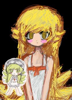 1girl apron arms_at_sides aviator_cap aviator_goggles bare_legs barefoot black_background blonde_hair blush_stickers bow bow_apron center_frills closed_mouth dot_nose dress expressionless flipped_hair frills full_body hair_between_eyes hair_flaps halterneck hoiimhoi inset legs_apart long_hair looking_at_viewer monogatari_(series) oshino_shinobu red_bow sleeveless sleeveless_dress solo sundress swept_bangs upper_body v_arms very_long_hair white_apron white_dress yellow_eyes