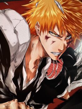 1boy absurdres alternate_eye_color bleach bleach:_sennen_kessen-hen blood blood_on_face closed_mouth commentary english_commentary hakama highres japanese_clothes kurosaki_ichigo looking_at_viewer male_focus monster_art_(rlawnsgr7) orange_hair red_background shihakusho short_hair sideburns solo spiked_hair teeth yellow_eyes